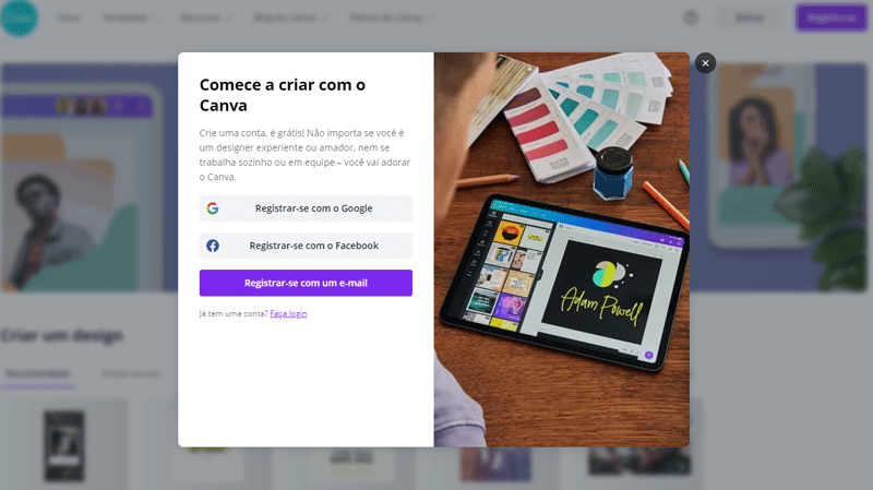 Página de cadastro do site do Canva