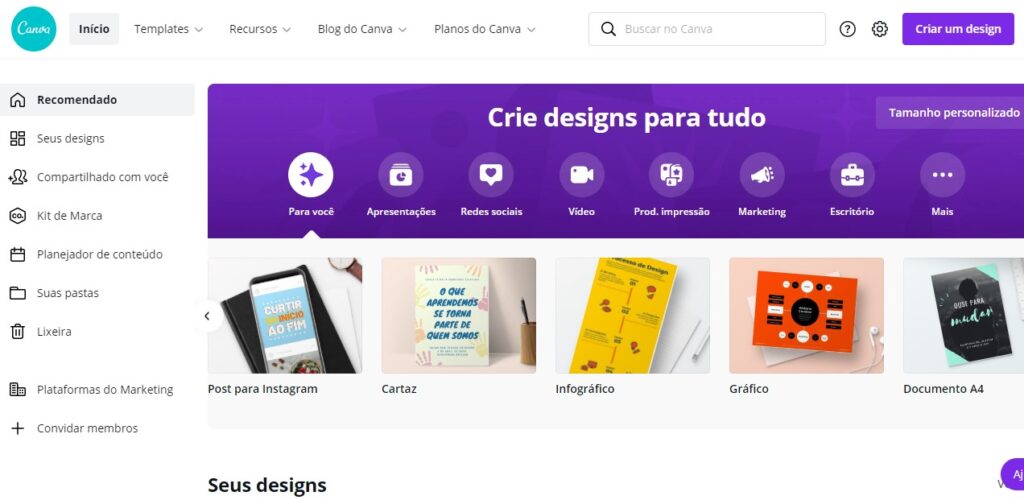 tela para criação post para Instagram criado no Canva Design