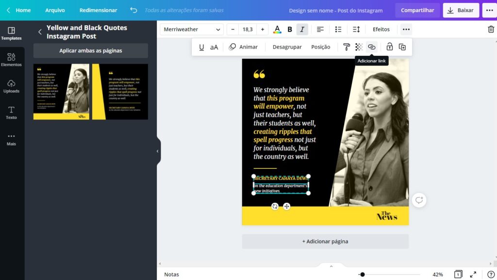 tela para criação post para Instagram criado no Canva Design